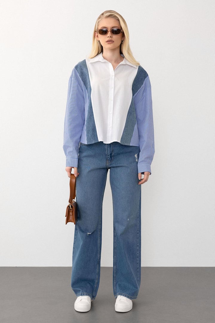 Denim Detaylı Rahat Kesim Kısa Gömlek MAVİ-BEYAZ 9277