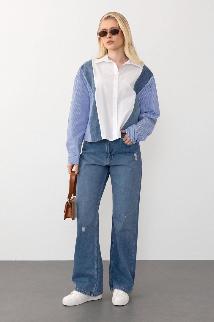 Denim Detaylı Rahat Kesim Kısa Gömlek MAVİ-BEYAZ 9277