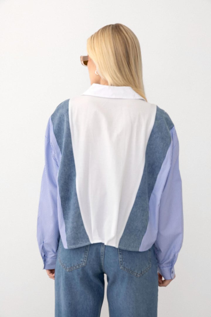 Denim Detaylı Rahat Kesim Kısa Gömlek MAVİ-BEYAZ 9277