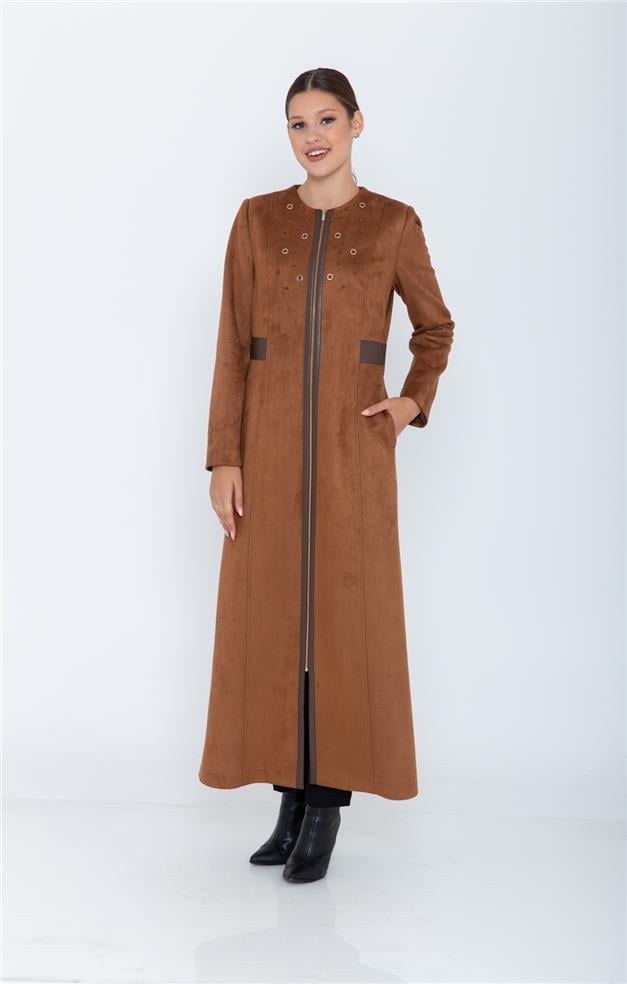 DERİ GARNİLİ BONCUK İŞLEMELİ SÜET PARDESÜ TABA 5951
