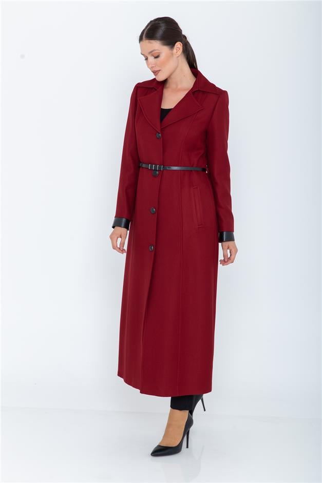 DERİ KEMERLİ KALIN GABARDİN PARDESÜ BORDO 5952
