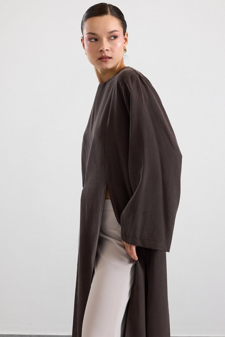 Derin Yırtmaçlı Oversize Uzun Tunik KAHVE 9838