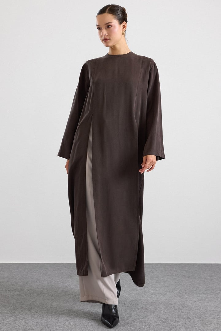 Derin Yırtmaçlı Oversize Uzun Tunik KAHVE 9838