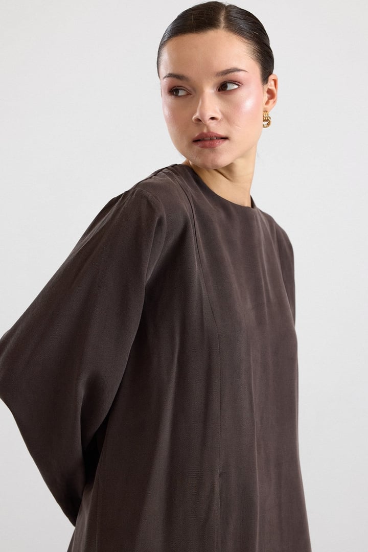 Derin Yırtmaçlı Oversize Uzun Tunik KAHVE 9838