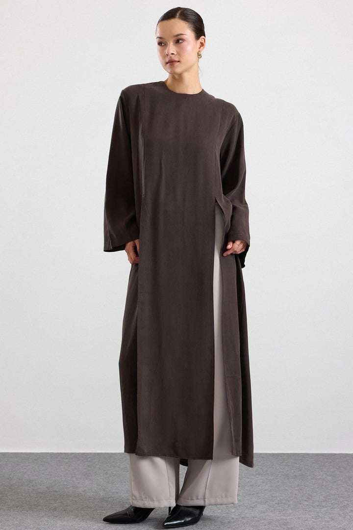 Derin Yırtmaçlı Oversize Uzun Tunik KAHVE 9838