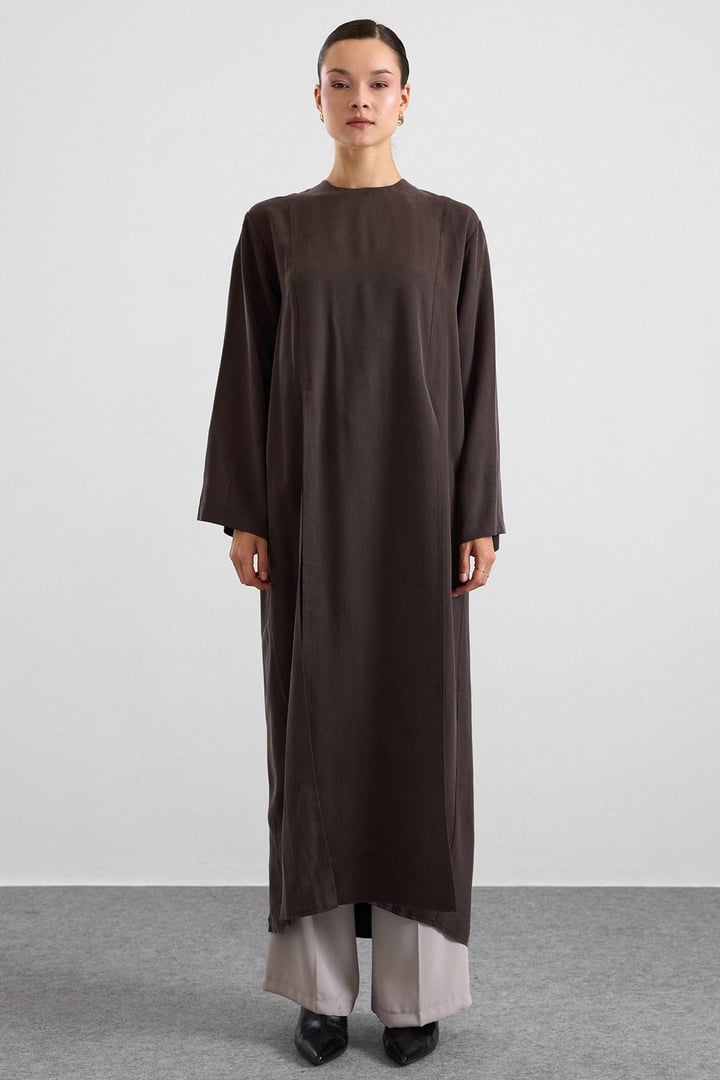Derin Yırtmaçlı Oversize Uzun Tunik KAHVE 9838