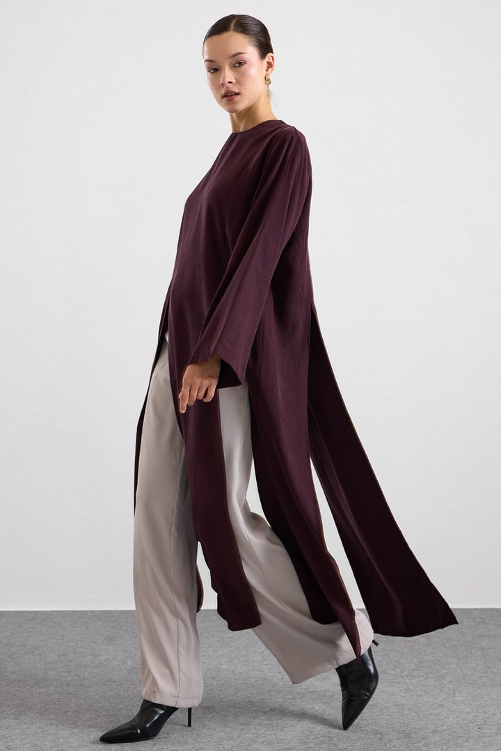 Derin Yırtmaçlı Oversize Uzun Tunik MÜRDÜM 9838
