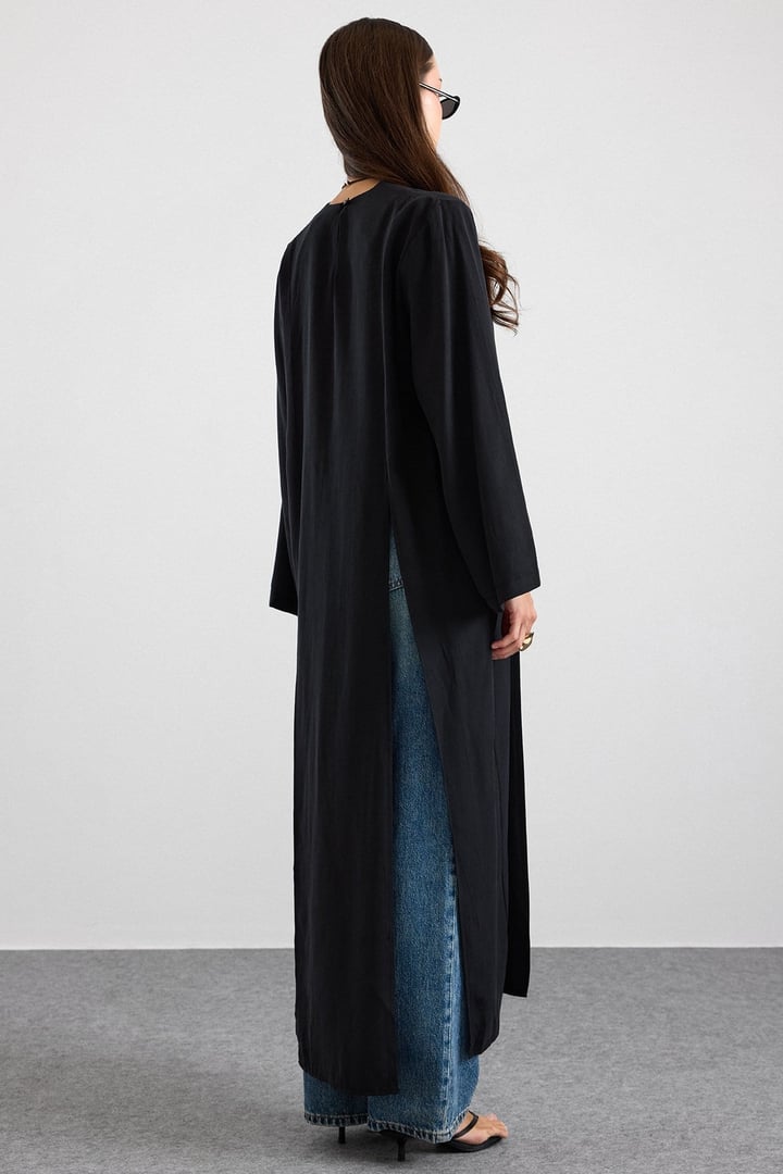 Derin Yırtmaçlı Oversize Uzun Tunik SİYAH 9838