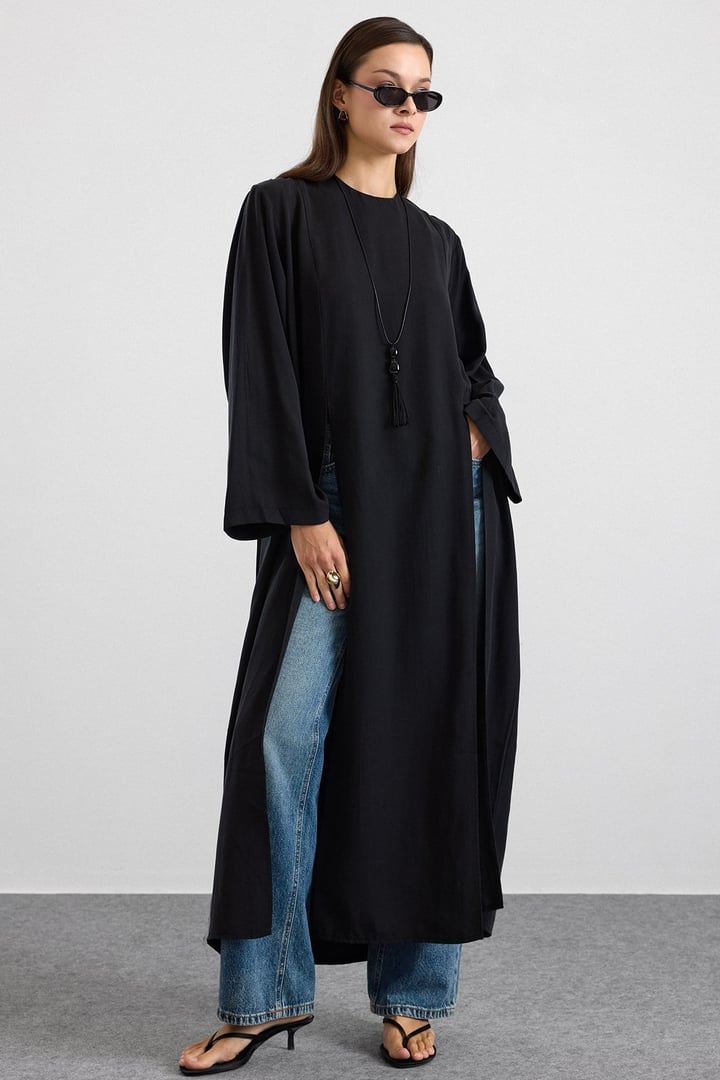 Derin Yırtmaçlı Oversize Uzun Tunik SİYAH 9838