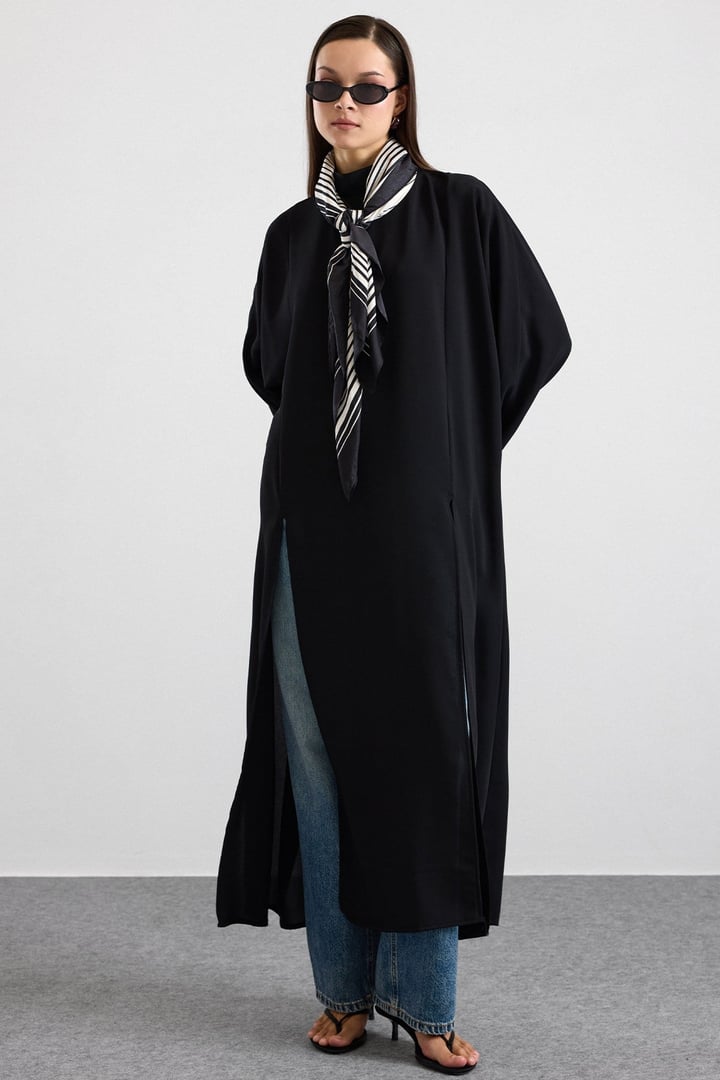 Derin Yırtmaçlı Oversize Uzun Tunik SİYAH 9838