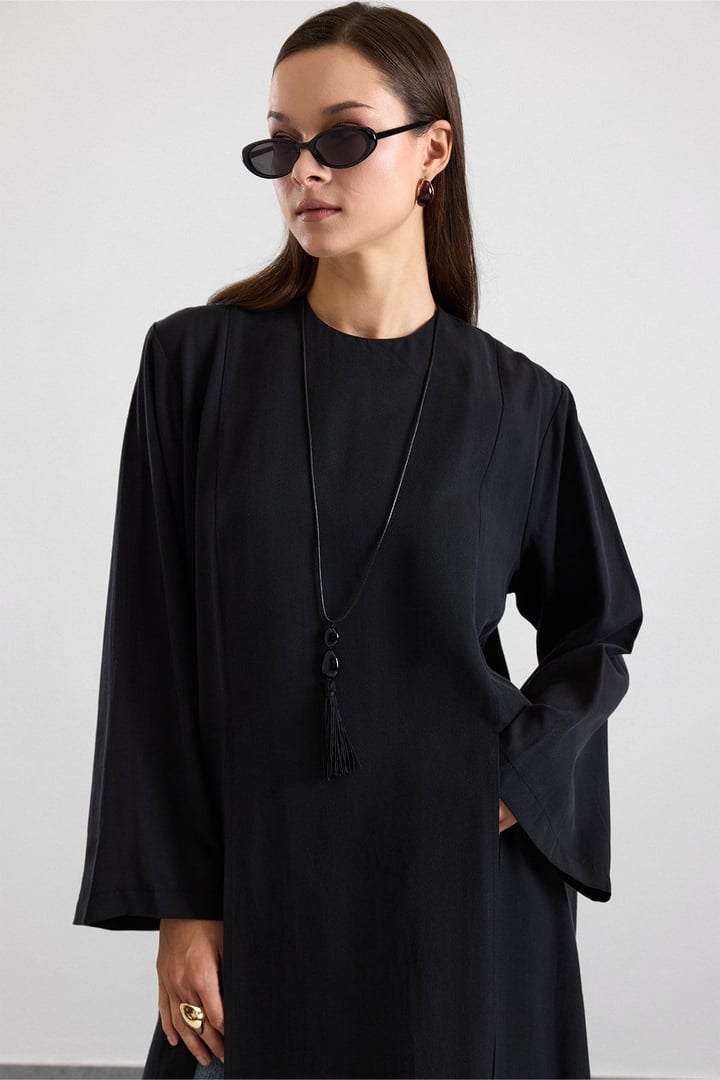 Derin Yırtmaçlı Oversize Uzun Tunik SİYAH 9838