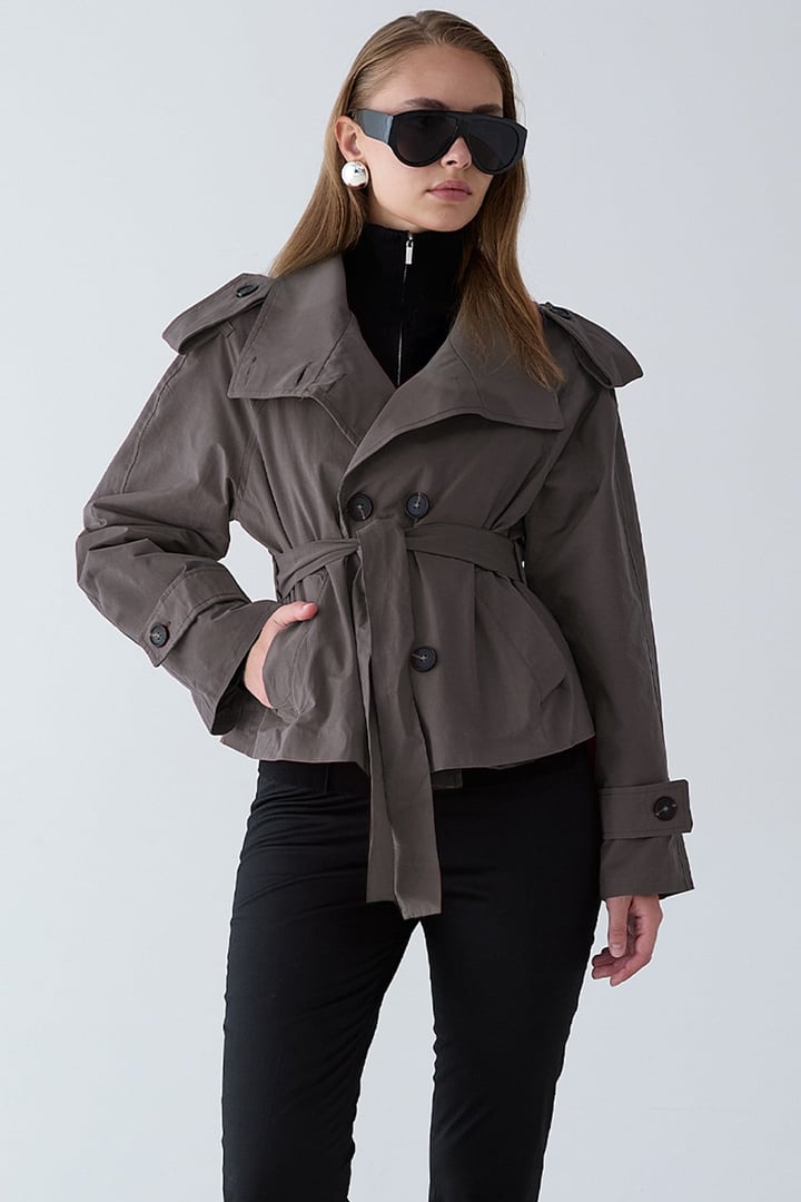 Dik Yaka Apolet Detaylı Oversize Kısa Trençkot ANTRASİT 6934
