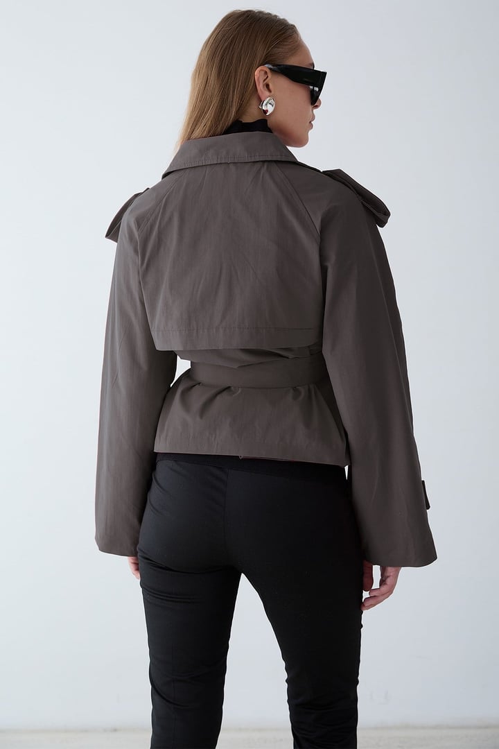 Dik Yaka Apolet Detaylı Oversize Kısa Trençkot ANTRASİT 6934