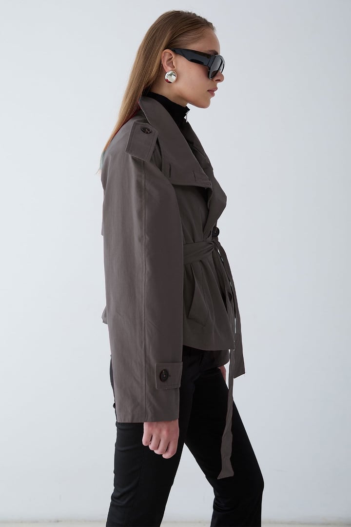 Dik Yaka Apolet Detaylı Oversize Kısa Trençkot ANTRASİT 6934