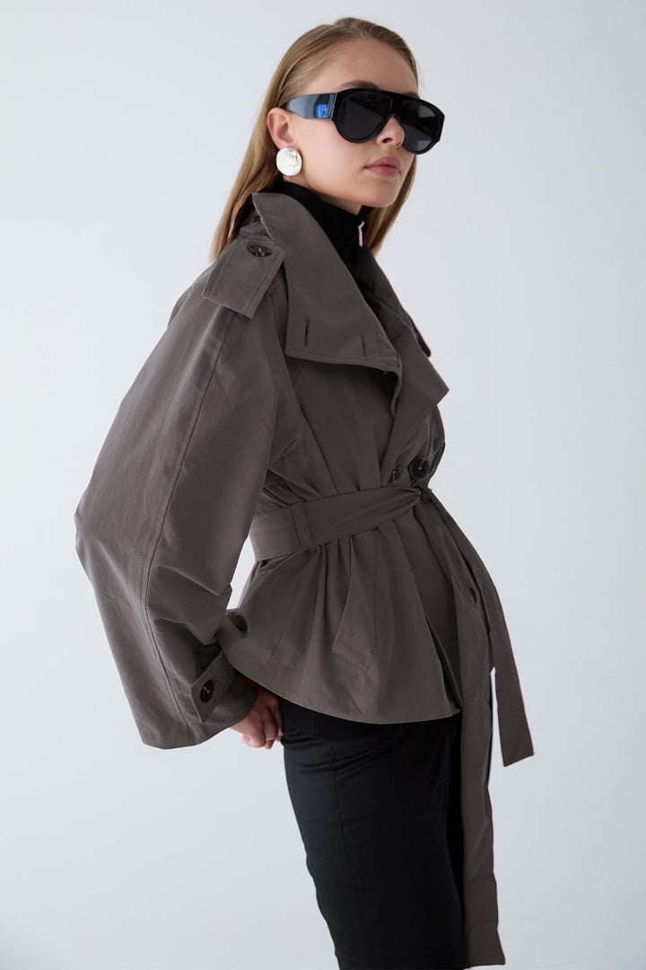 Dik Yaka Apolet Detaylı Oversize Kısa Trençkot ANTRASİT 6934