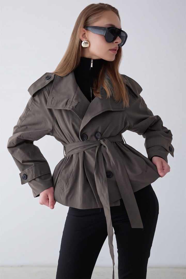 Dik Yaka Apolet Detaylı Oversize Kısa Trençkot ANTRASİT 6934