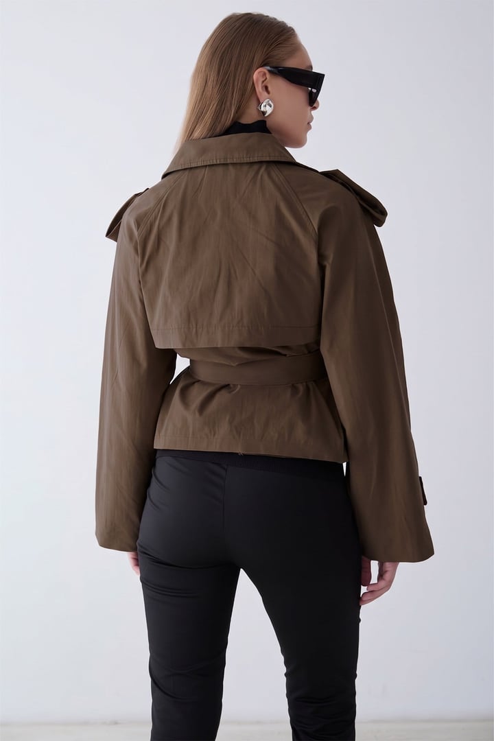 Dik Yaka Apolet Detaylı Oversize Kısa Trençkot KAHVE 6934