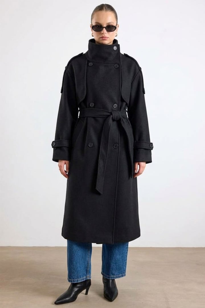 Dik Yaka Apolet ve Pelerin Detaylı Oversize Kaban SİYAH 3198