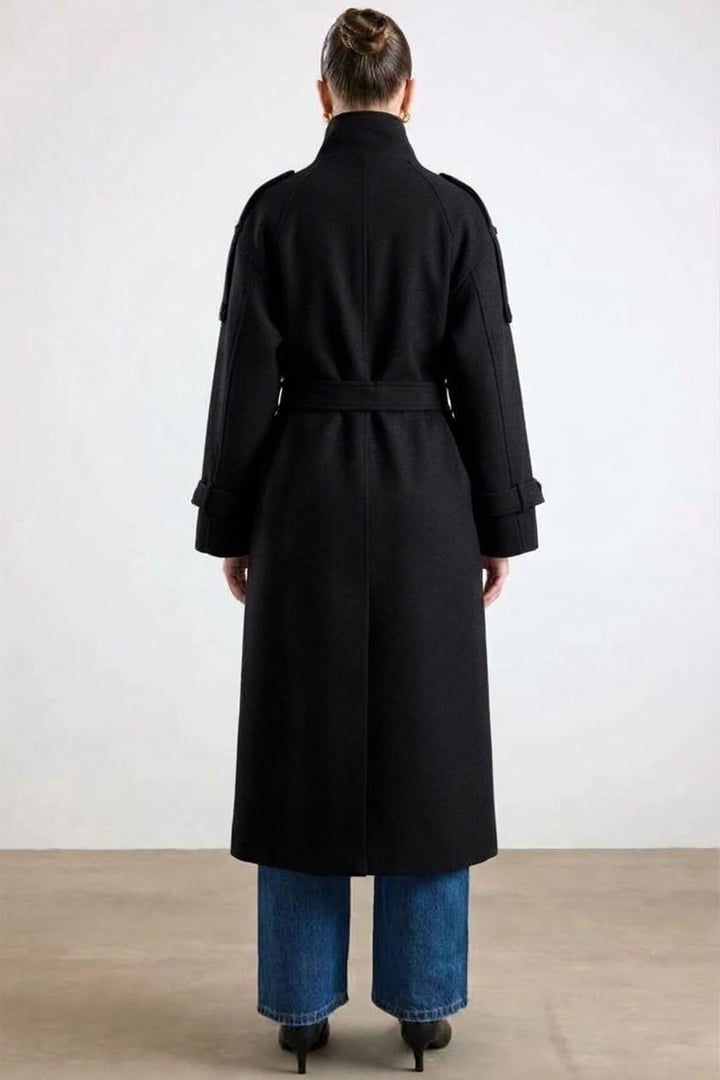 Dik Yaka Apolet ve Pelerin Detaylı Oversize Kaban SİYAH 3198