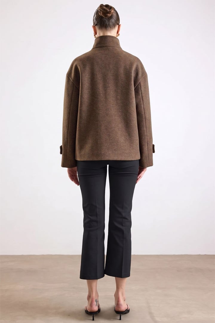 Dik Yaka Oversize Kısa Kaban KAHVE 3203