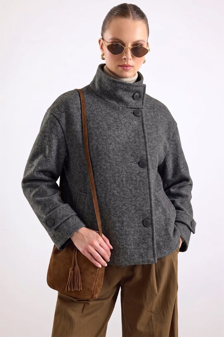 Dik Yaka Oversize Kısa Kaban KOYU GRİ 3203