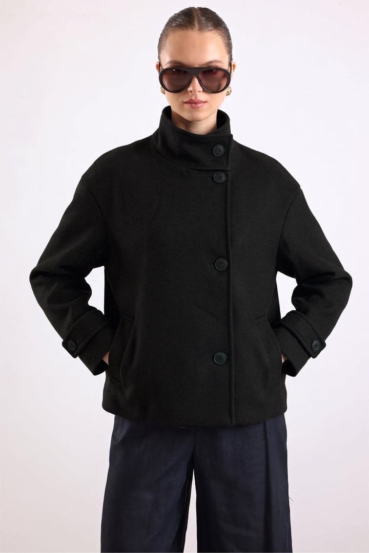 Dik Yaka Oversize Kısa Kaban SİYAH 3203