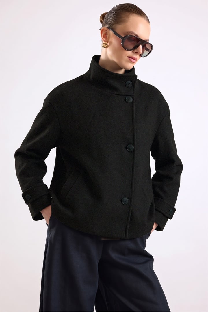 Dik Yaka Oversize Kısa Kaban SİYAH 3203