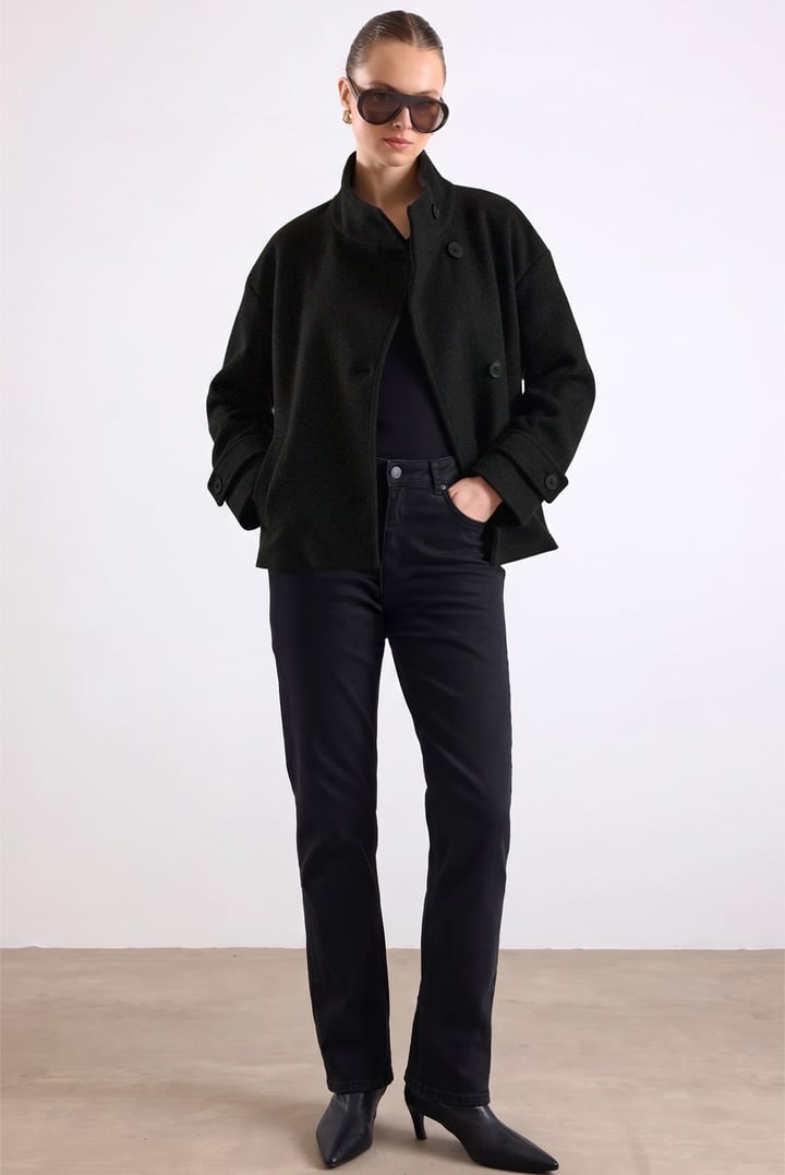 Dik Yaka Oversize Kısa Kaban SİYAH 3203