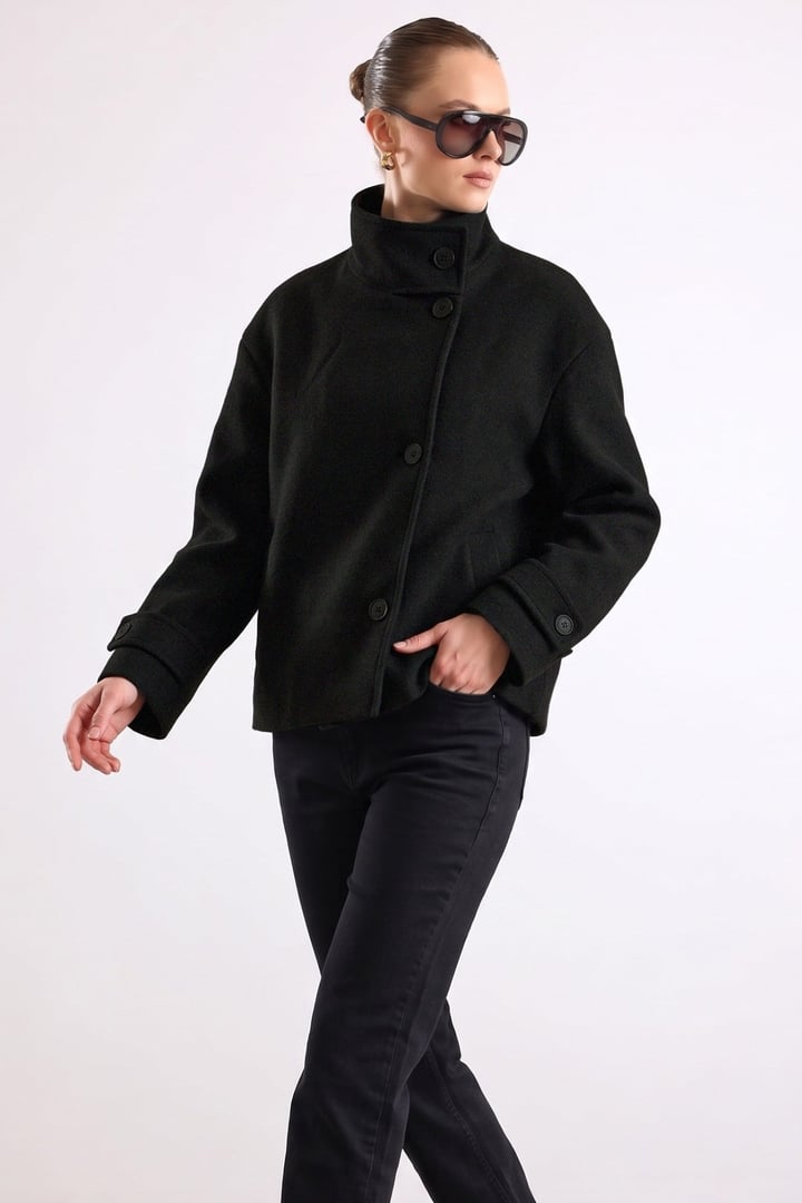 Dik Yaka Oversize Kısa Kaban SİYAH 3203