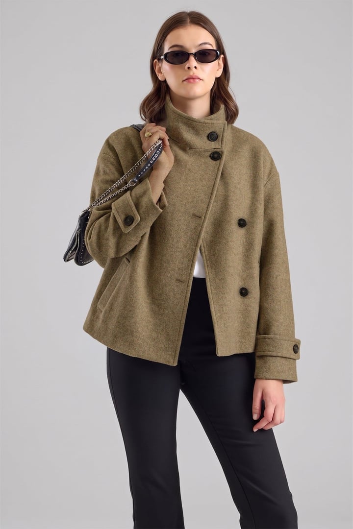 Dik Yaka Oversize Kısa Kaban VİZON MELANJ 3203