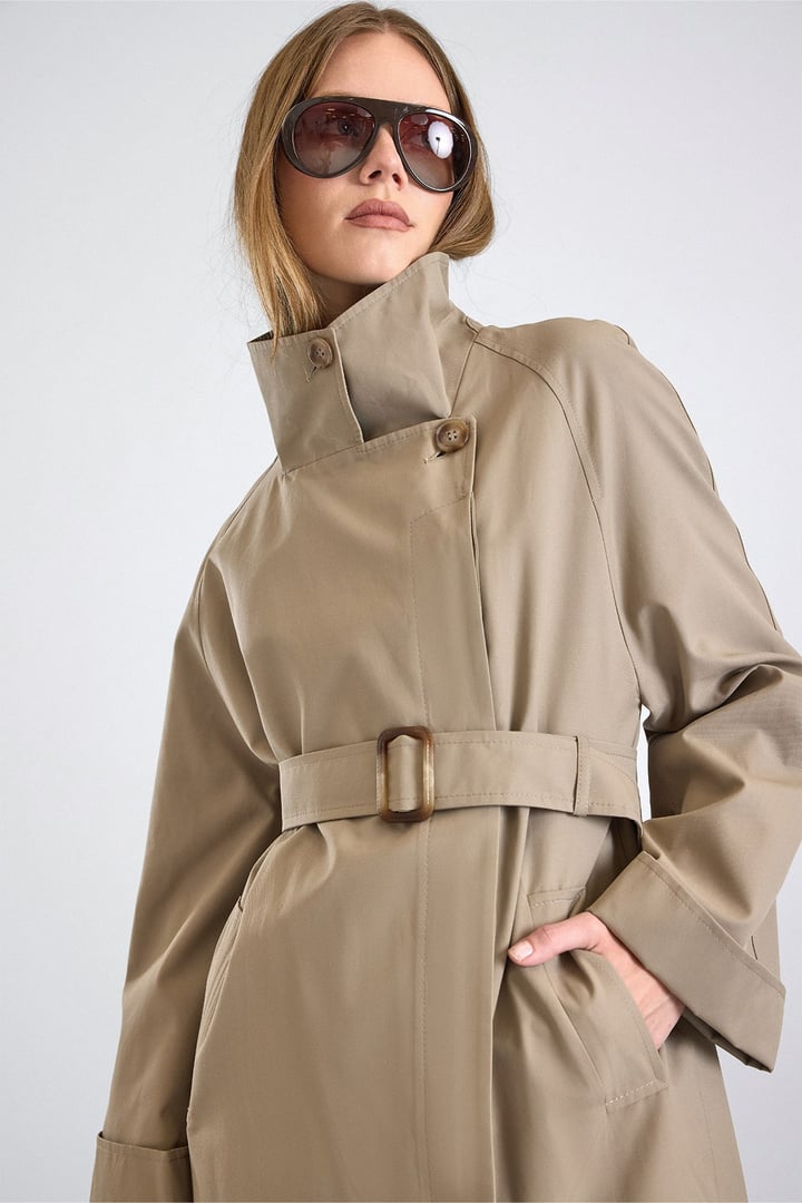 Dik Yaka Oversize Su İtici Özellikli Trençkot TAŞ 6874