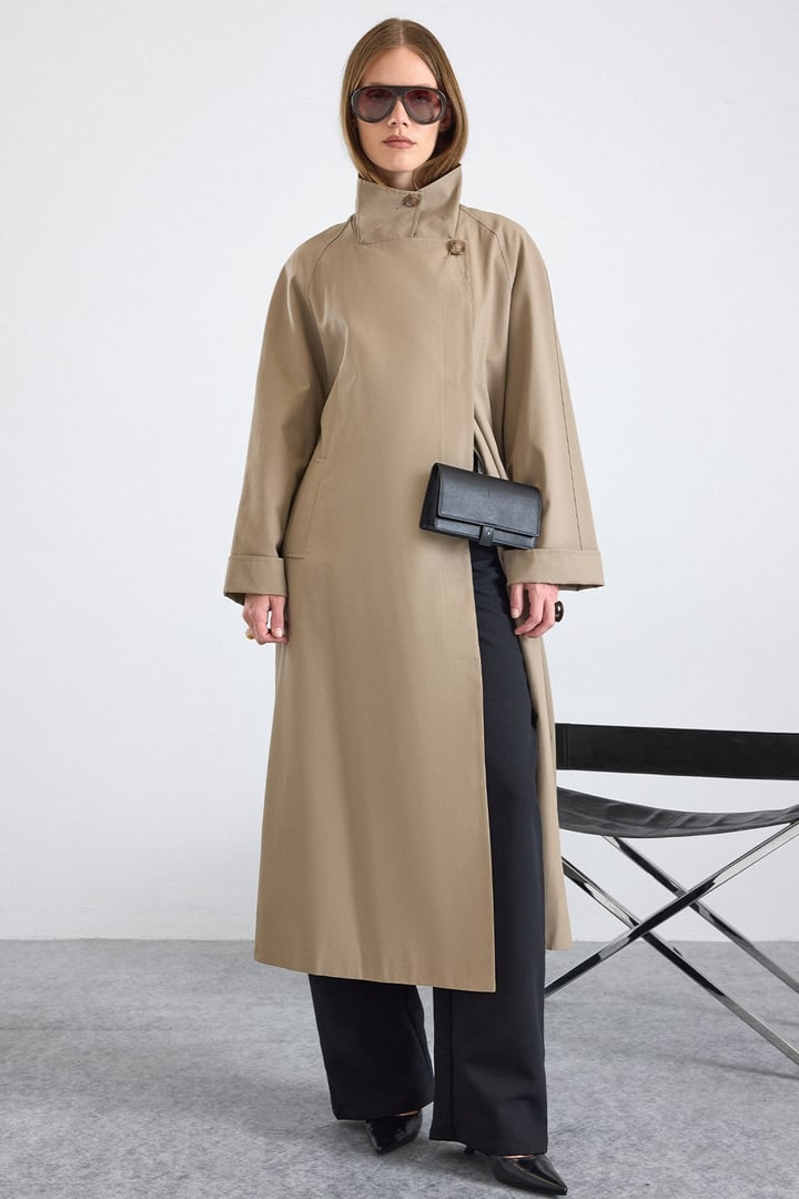 Dik Yaka Oversize Su İtici Özellikli Trençkot TAŞ 6874