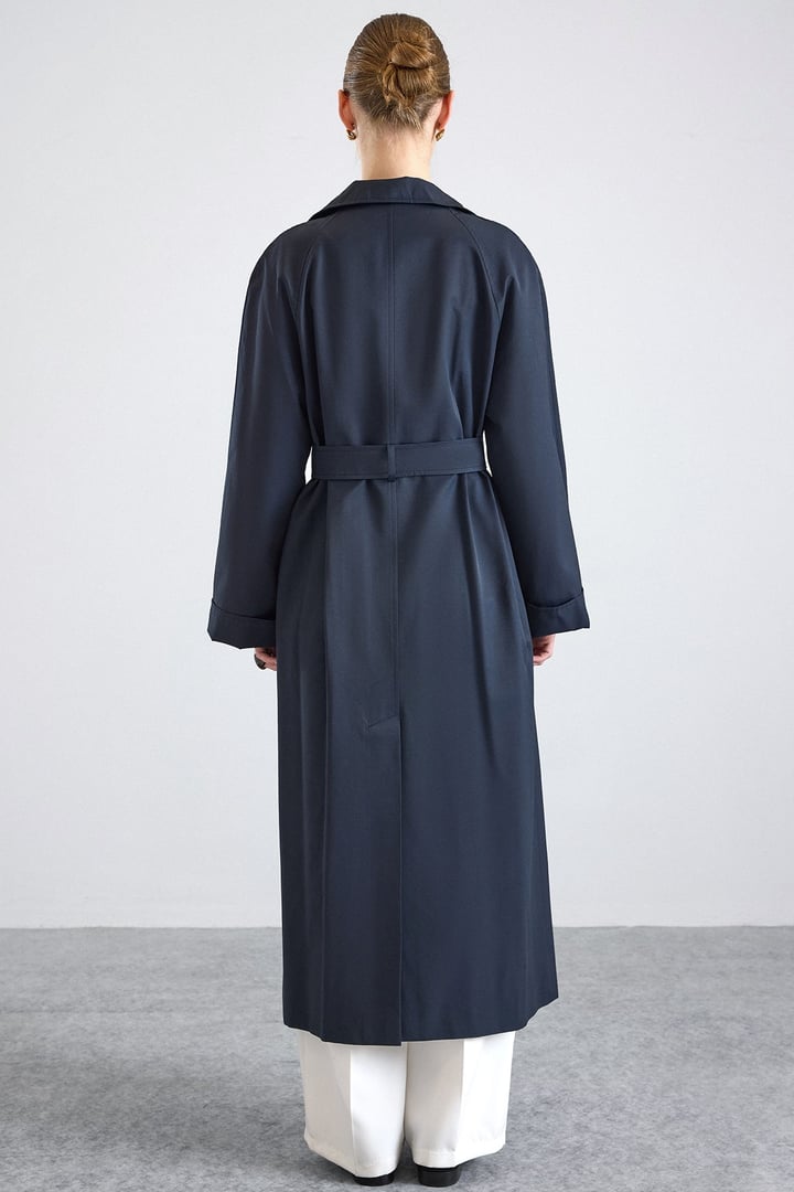Dik Yaka Oversize Su İtici Özellikli Trençkot LACİVERT 6874