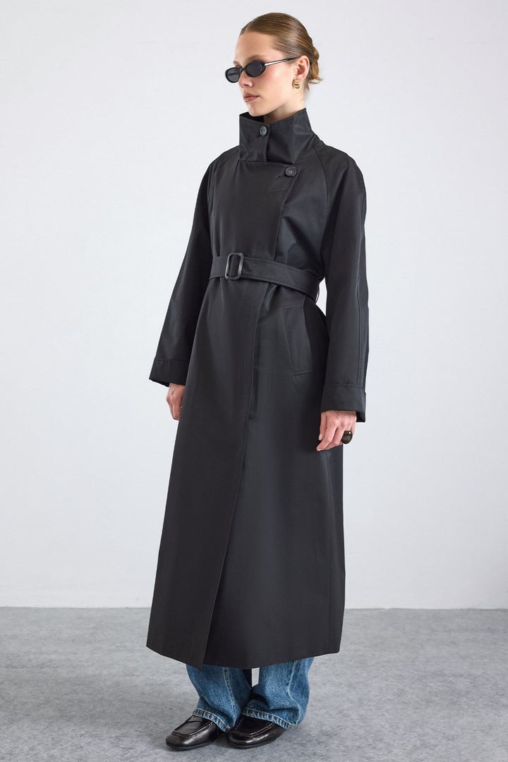 Dik Yaka Oversize Su İtici Özellikli Trençkot SİYAH 6874