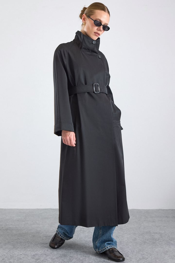 Dik Yaka Oversize Su İtici Özellikli Trençkot SİYAH 6874