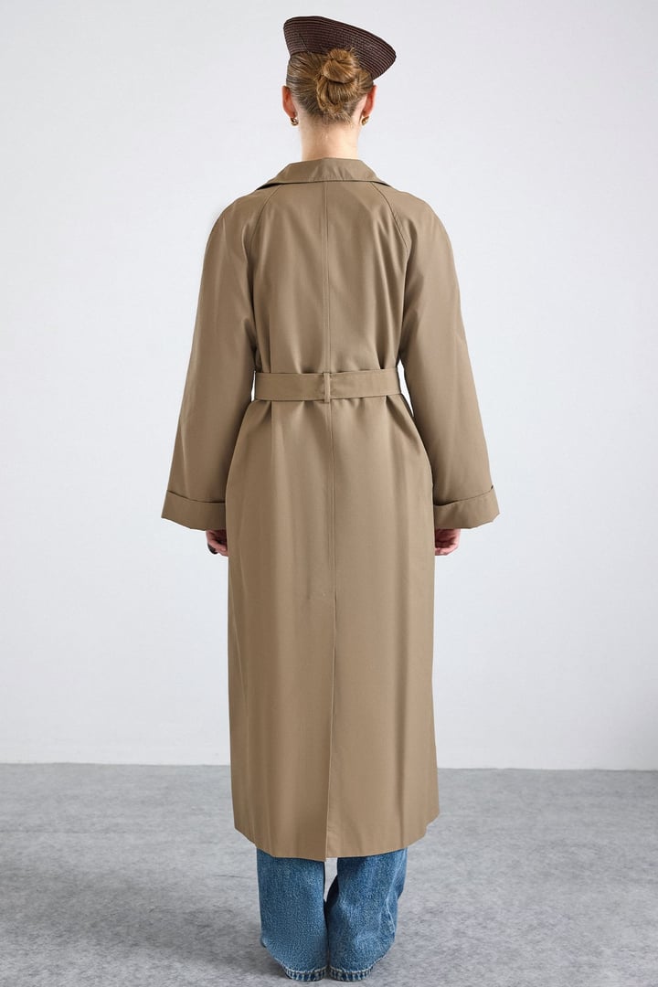 Dik Yaka Oversize Su İtici Özellikli Trençkot VİZON 6874