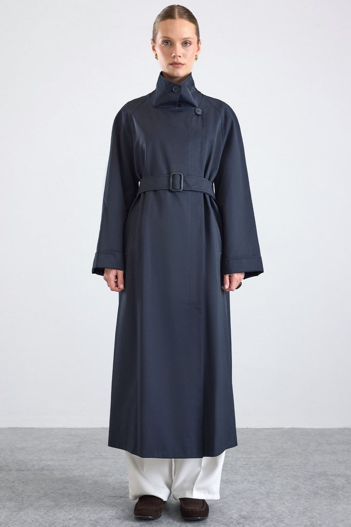 Dik Yaka Oversize Su İtici Özellikli Trençkot LACİVERT 6874