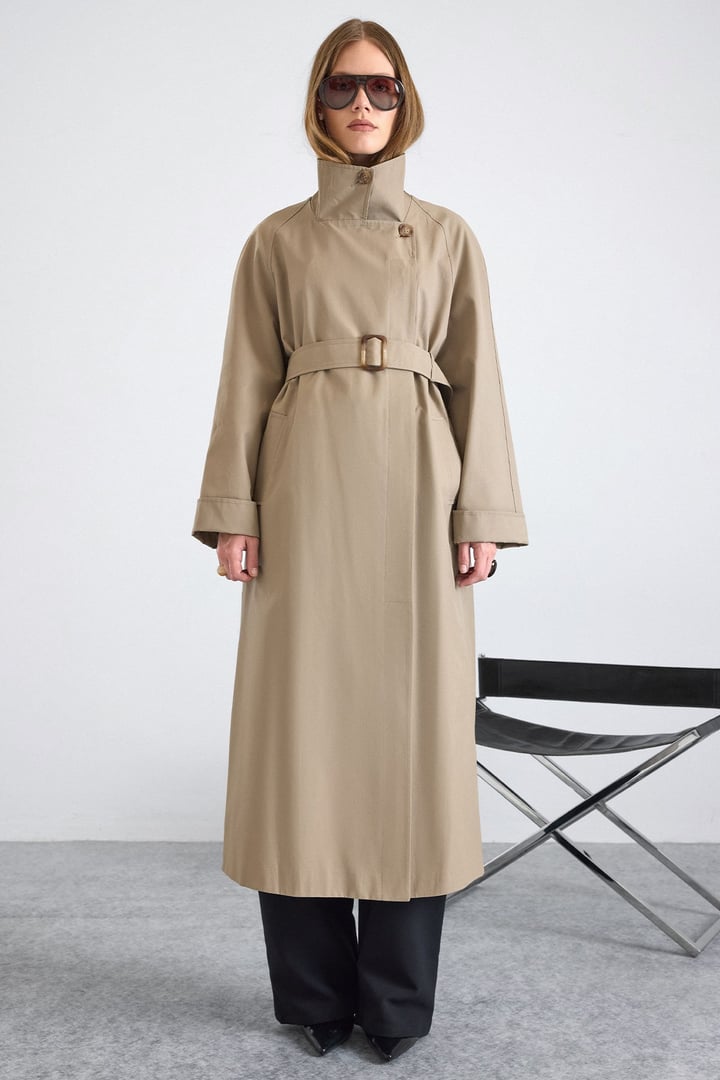 Dik Yaka Oversize Su İtici Özellikli Trençkot TAŞ 6874