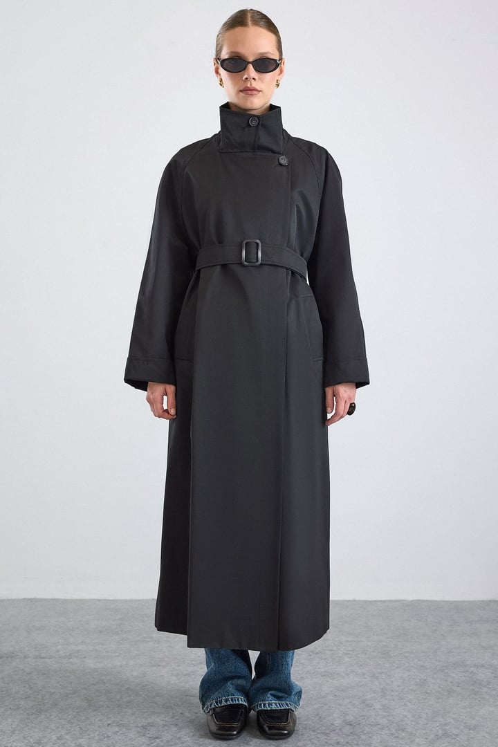 Dik Yaka Oversize Su İtici Özellikli Trençkot SİYAH 6874