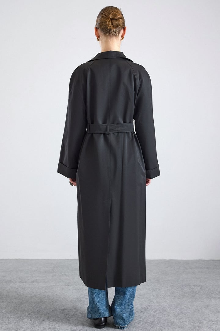 Dik Yaka Oversize Su İtici Özellikli Trençkot SİYAH 6874
