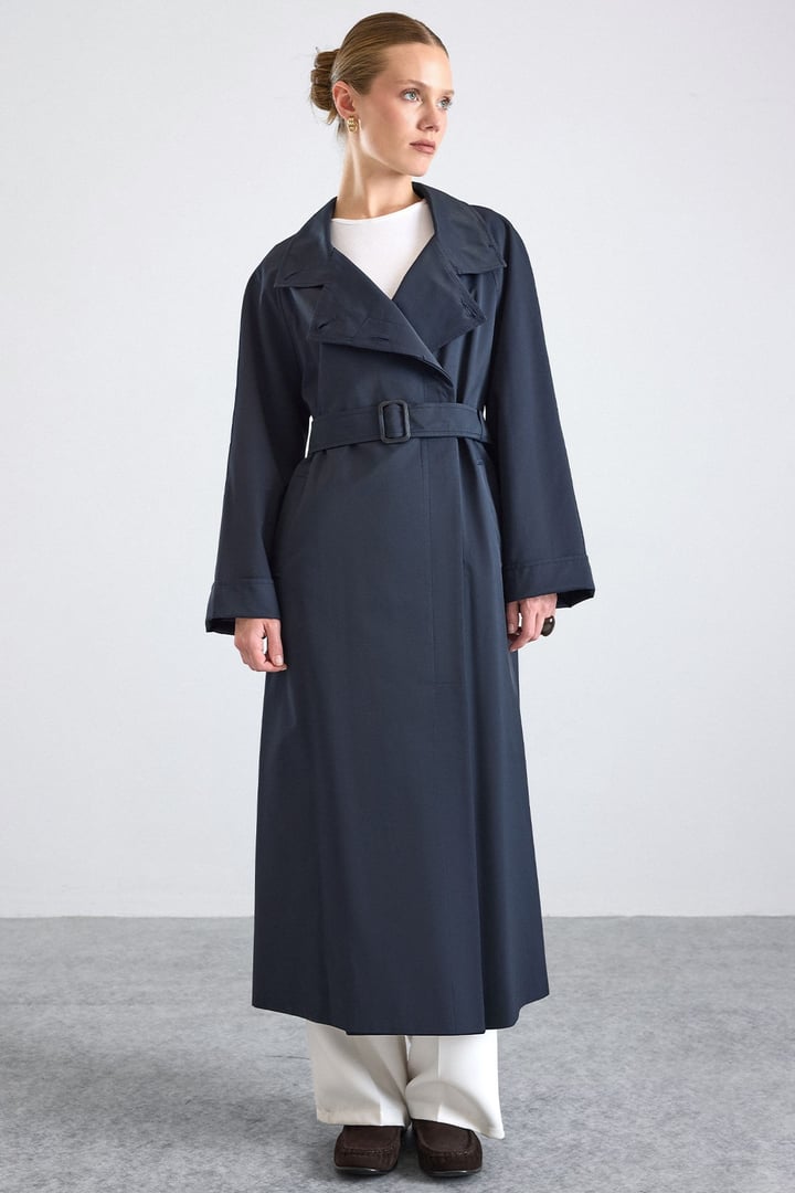 Dik Yaka Oversize Su İtici Özellikli Trençkot LACİVERT 6874
