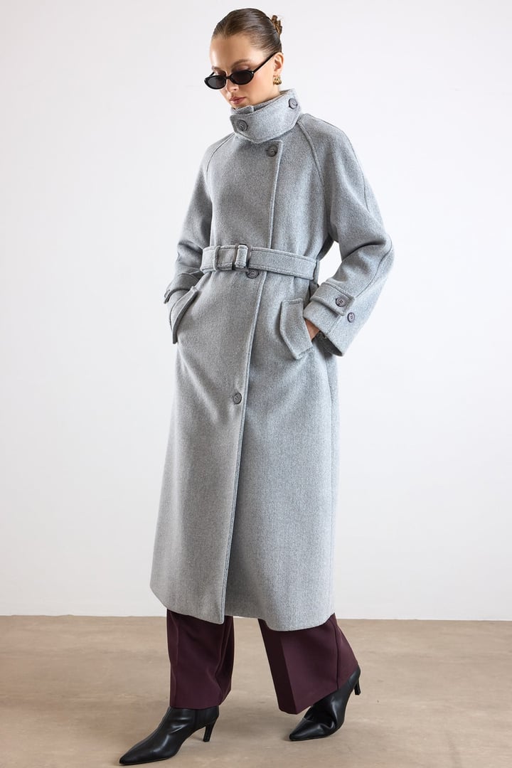 Dik Yaka Pat Detaylı Oversize Kaban AÇIK GRİ 3177