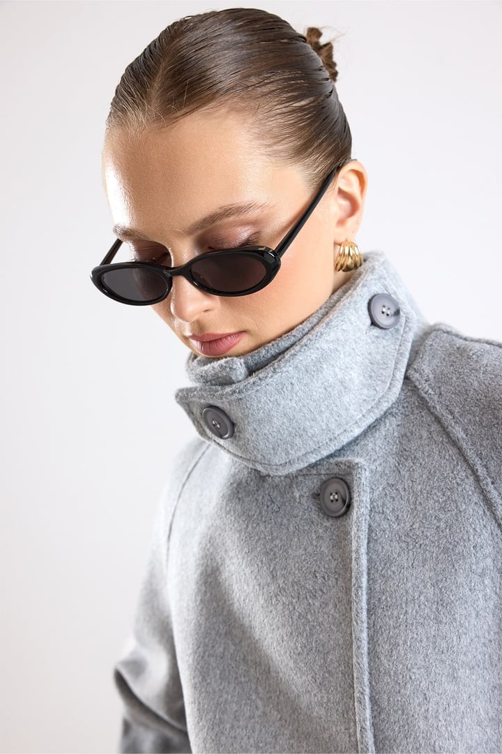 Dik Yaka Pat Detaylı Oversize Kaban AÇIK GRİ 3177