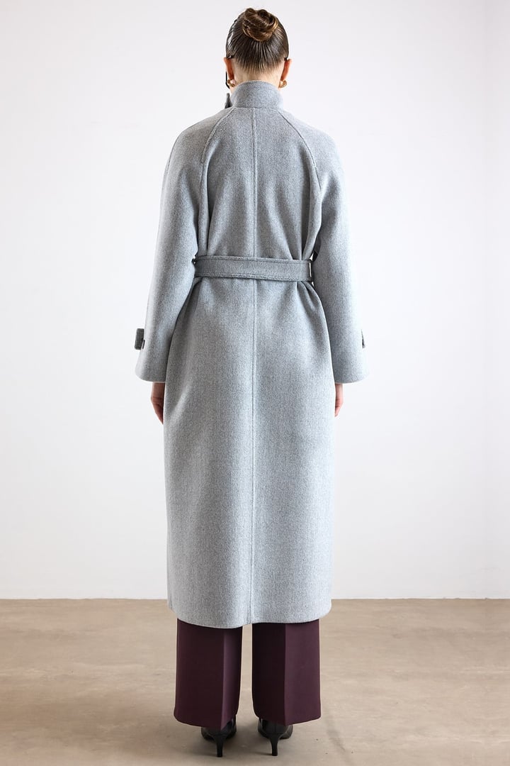 Dik Yaka Pat Detaylı Oversize Kaban AÇIK GRİ 3177