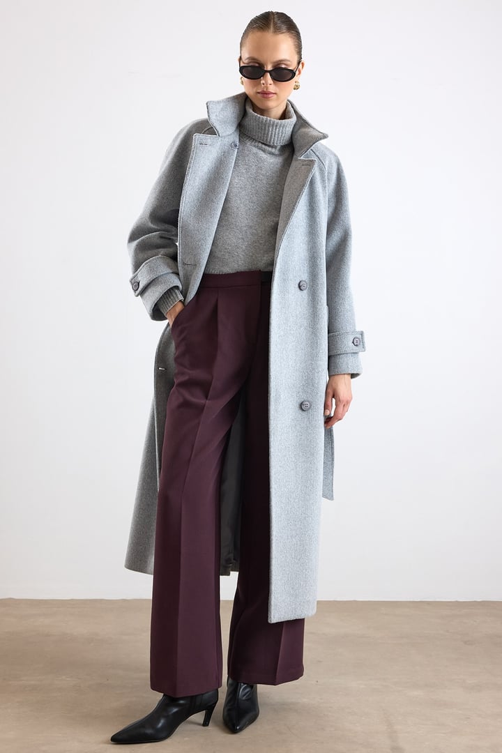 Dik Yaka Pat Detaylı Oversize Kaban AÇIK GRİ 3177