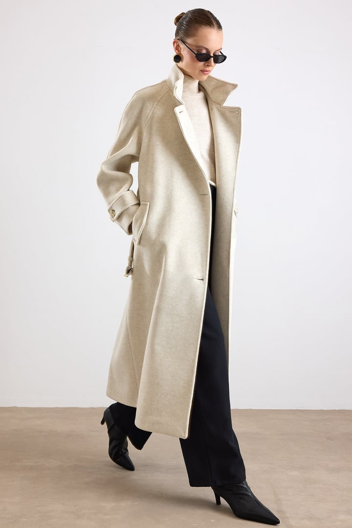 Dik Yaka Pat Detaylı Oversize Kaban BEJ MELANJ 3177