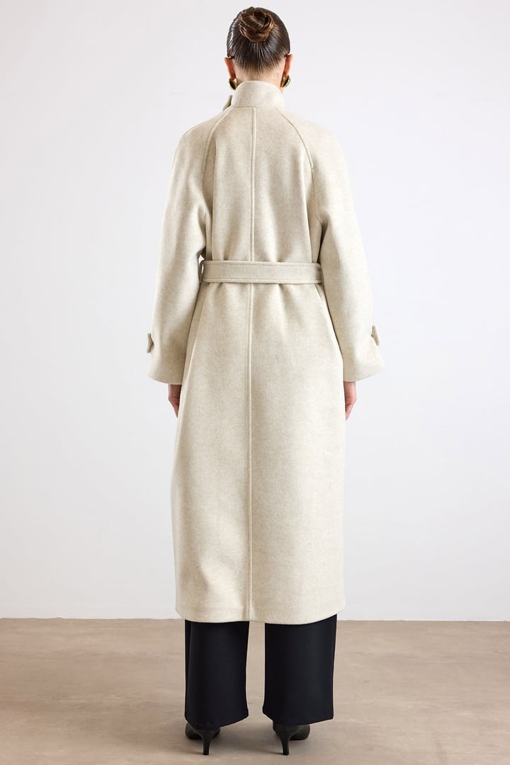 Dik Yaka Pat Detaylı Oversize Kaban BEJ MELANJ 3177