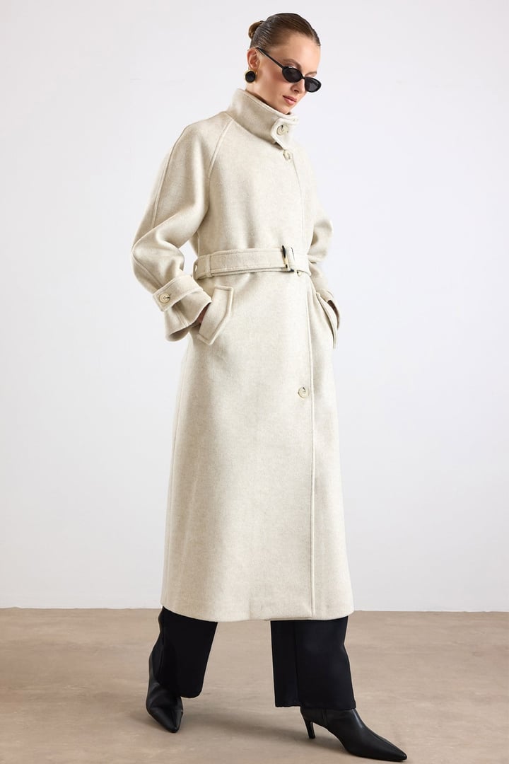 Dik Yaka Pat Detaylı Oversize Kaban BEJ MELANJ 3177