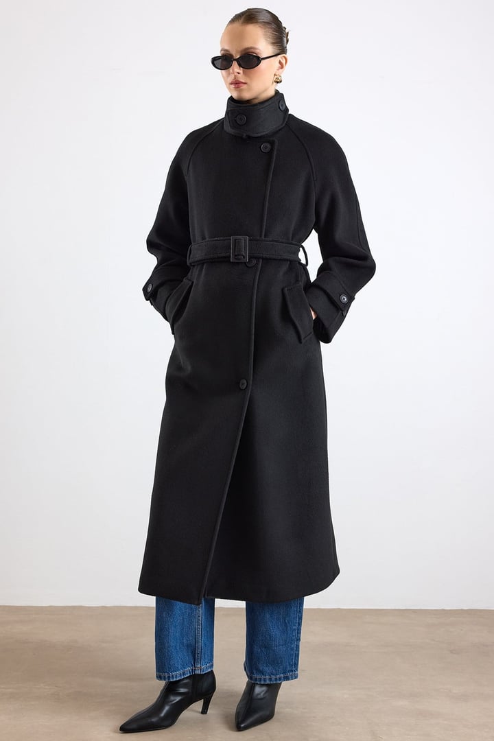 Dik Yaka Pat Detaylı Oversize Kaban SİYAH 3177