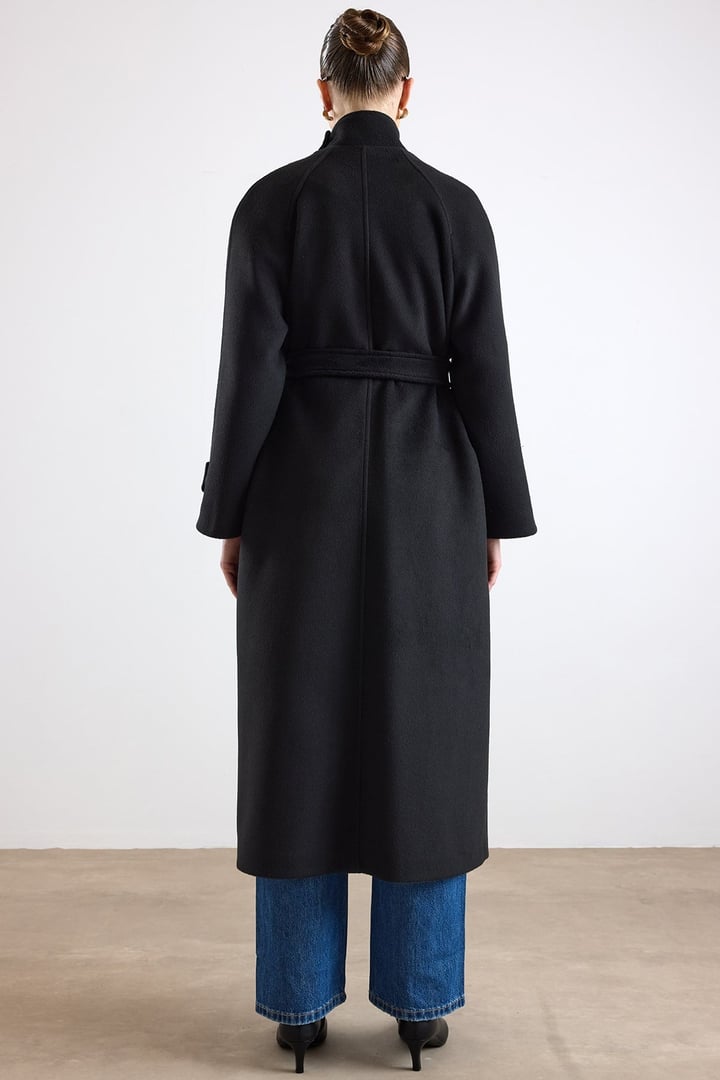 Dik Yaka Pat Detaylı Oversize Kaban SİYAH 3177